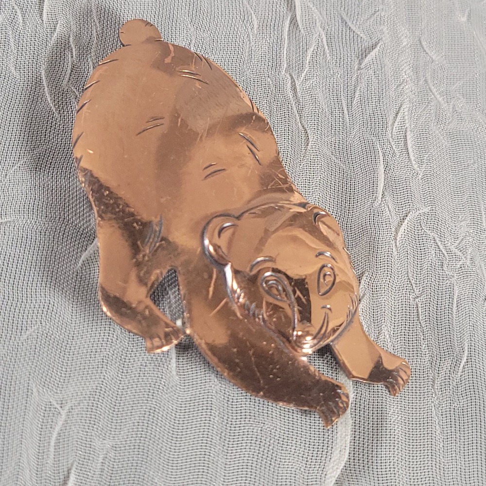 Solid Copper Playful Bear Brooch Pin Enamel Back Whimsical Jewelry